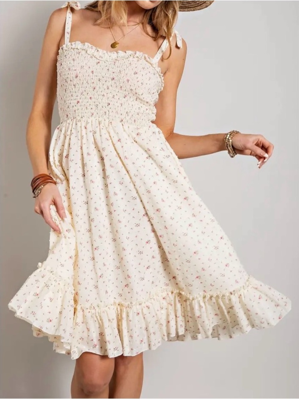 Cream Flower Print Swiss Dot Smocking Dress with Ruffled Hemline size Medium